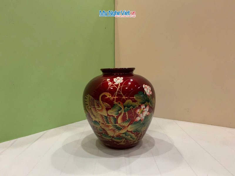 Lọ Hoa Đắp Nổi phù điêu sen nền đỏ LHSMDH22-2.1 - Ảnh 3