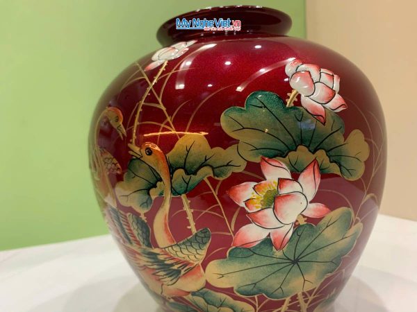 Lọ Hoa Đắp Nổi phù điêu sen nền đỏ