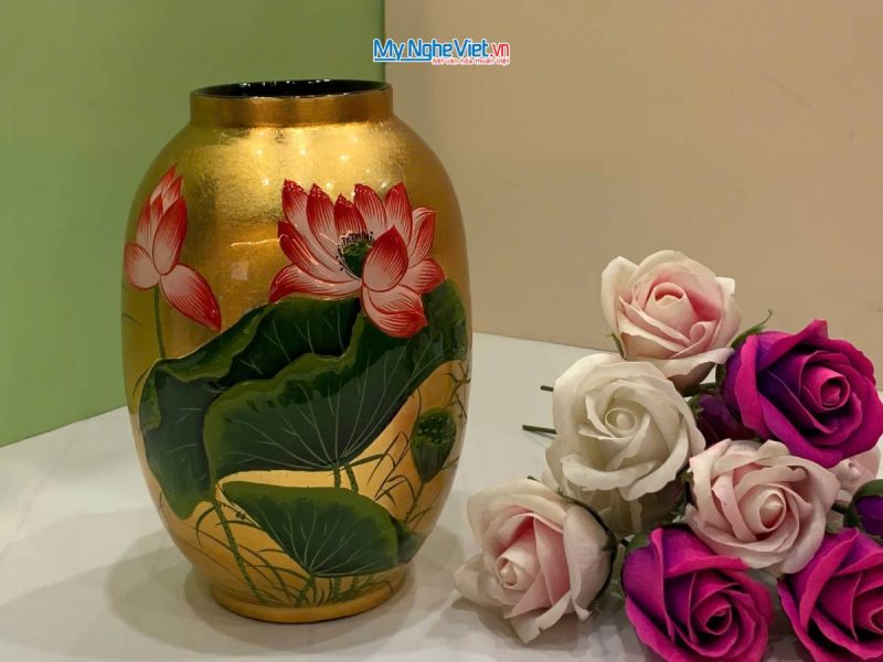 Lọ hoa sơn mài hoa sen đắp nổi phù điêu LHSMDH25-6.4.1 - Ảnh 4