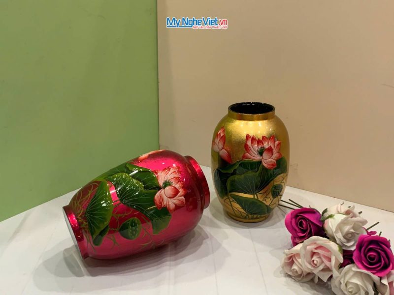 Lọ hoa sơn mài hoa sen đắp nổi phù điêu LHSMDH25-6.4 - Ảnh 7