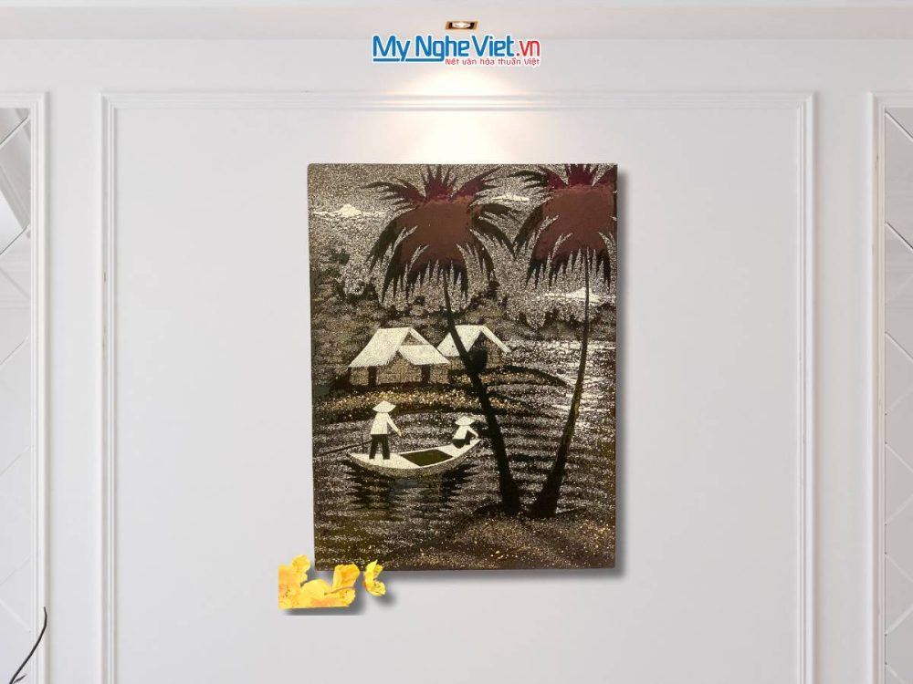 Tranh sơn mài đồng quê cẩn vỏ trứng