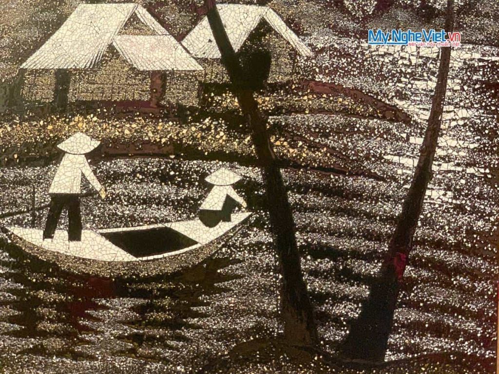 Tranh sơn mài đồng quê cẩn vỏ trứng