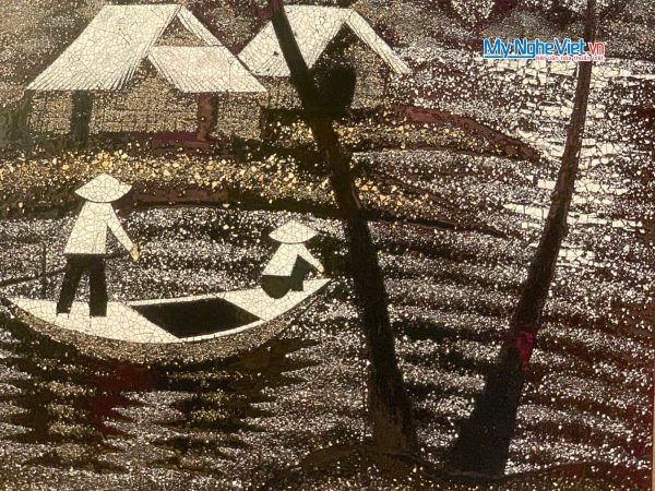 Tranh sơn mài đồng quê cẩn vỏ trứng