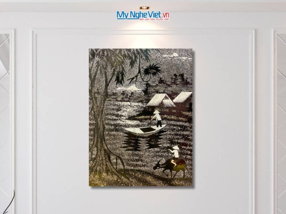 Tranh sơn mài đồng quê cẩn vỏ trứng
