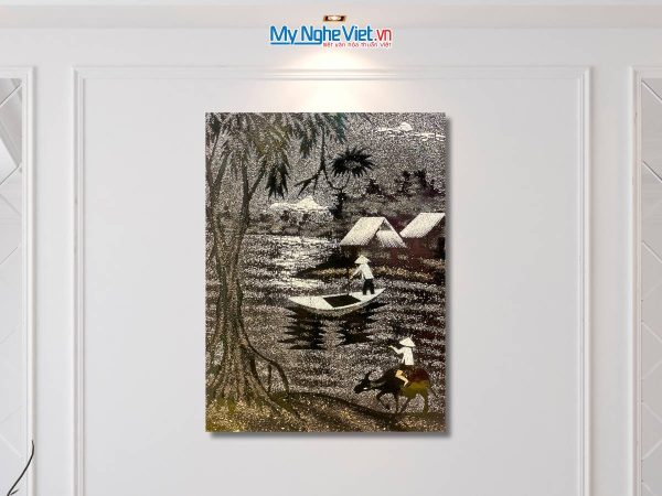 Tranh sơn mài đồng quê cẩn vỏ trứng
