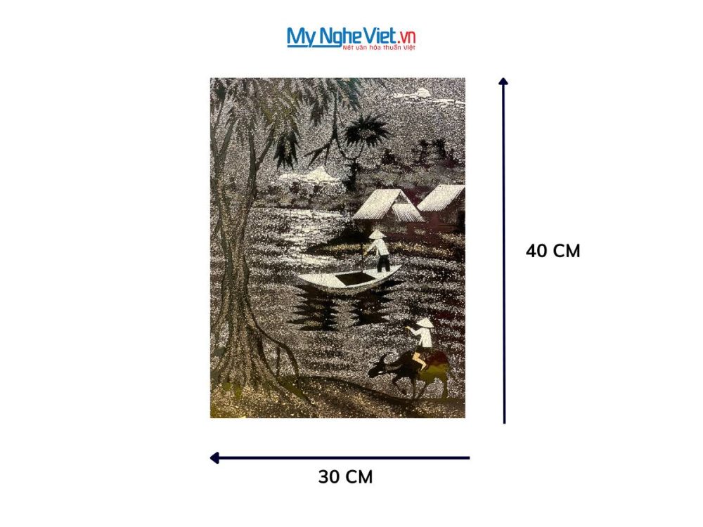 Tranh sơn mài đồng quê cẩn vỏ trứng
