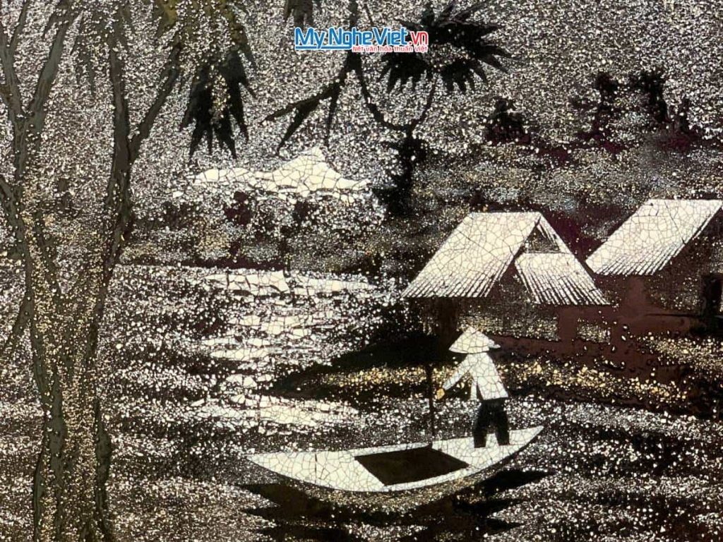 Tranh sơn mài đồng quê cẩn vỏ trứng