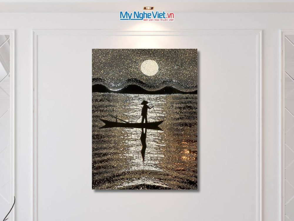 Tranh sơn mài đồng quê cẩn vỏ trứng