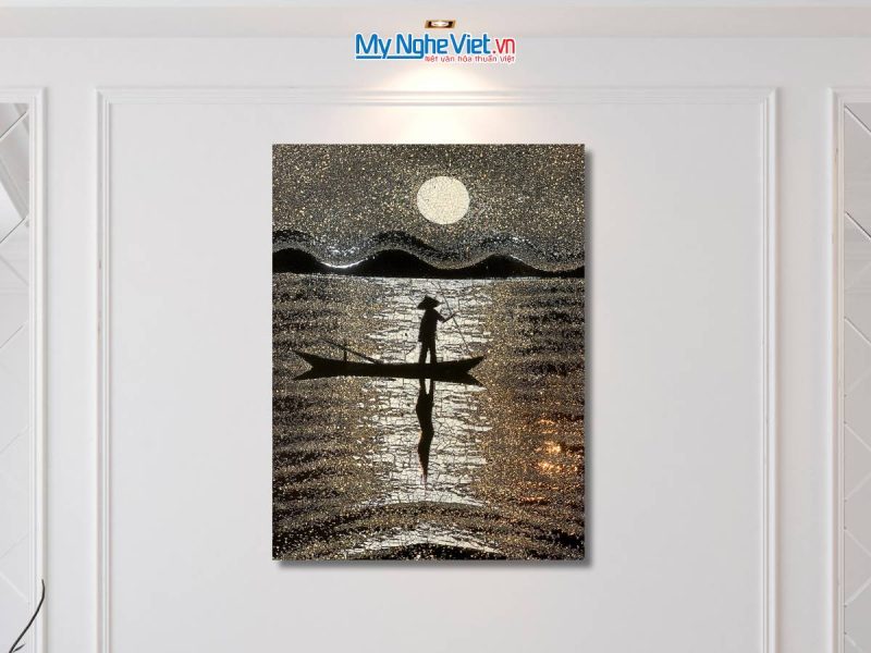 Tranh sơn mài đồng quê cẩn vỏ trứng