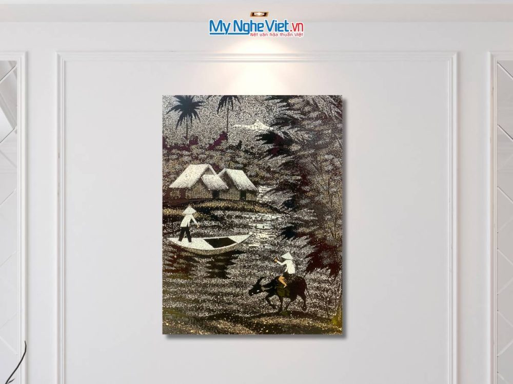 Tranh sơn mài đồng quê cẩn vỏ trứng