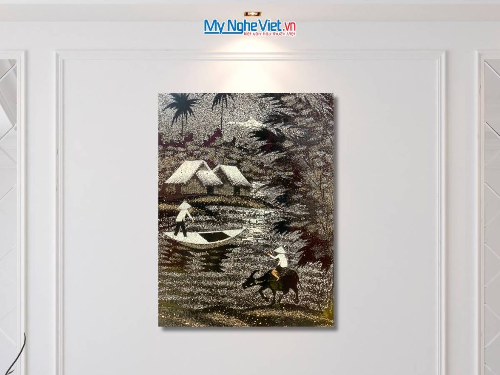 Tranh sơn mài đồng quê cẩn vỏ trứng