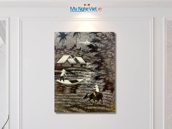 Tranh sơn mài đồng quê cẩn vỏ trứng