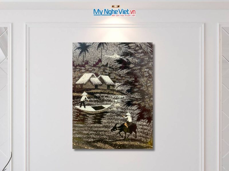 Tranh sơn mài đồng quê cẩn vỏ trứng