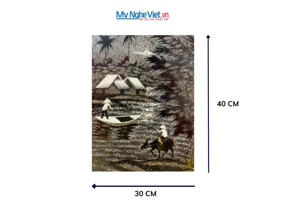 Tranh sơn mài đồng quê cẩn vỏ trứng