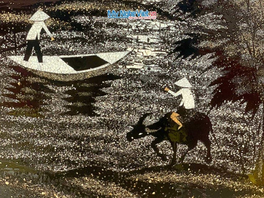 Tranh sơn mài đồng quê cẩn vỏ trứng
