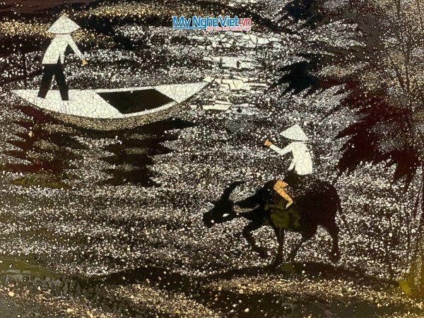 Tranh sơn mài đồng quê cẩn vỏ trứng