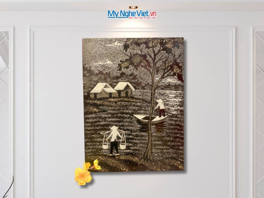 Tranh sơn mài đồng quê cẩn vỏ trứng
