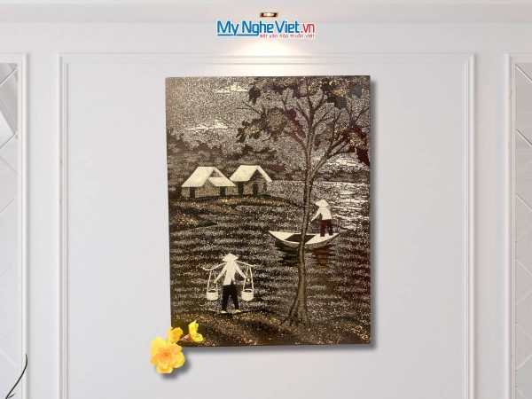 Tranh sơn mài đồng quê cẩn vỏ trứng