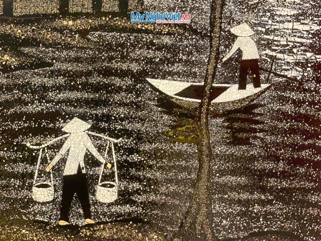 Tranh sơn mài đồng quê cẩn vỏ trứng