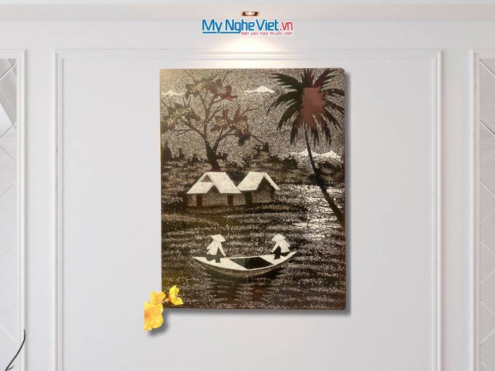 Tranh sơn mài đồng quê cẩn vỏ trứng