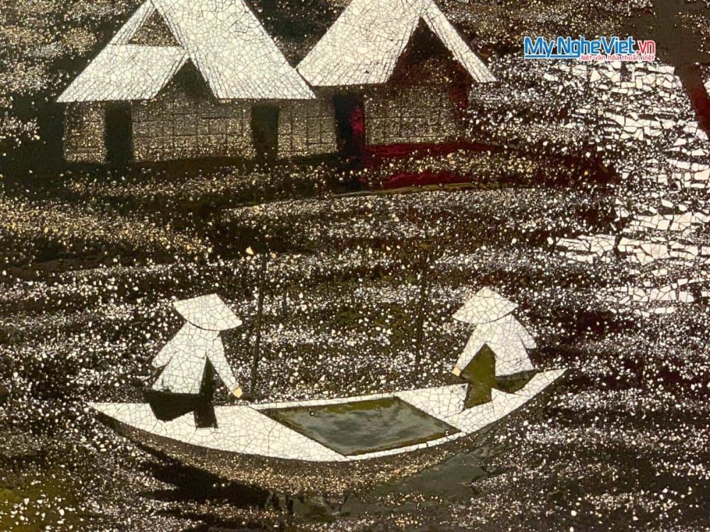 Tranh sơn mài đồng quê cẩn vỏ trứng