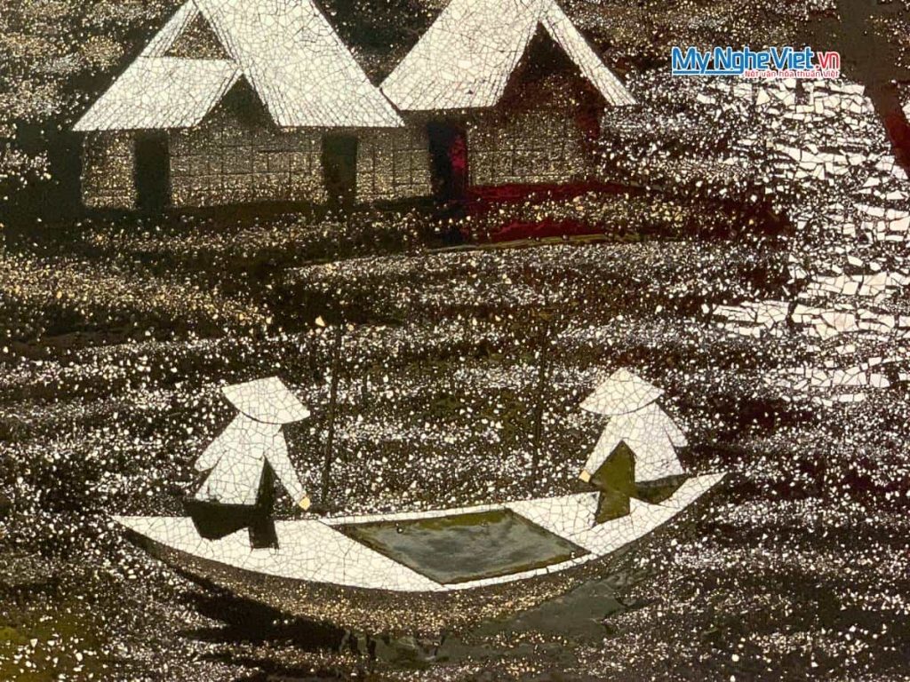 Tranh sơn mài đồng quê cẩn vỏ trứng