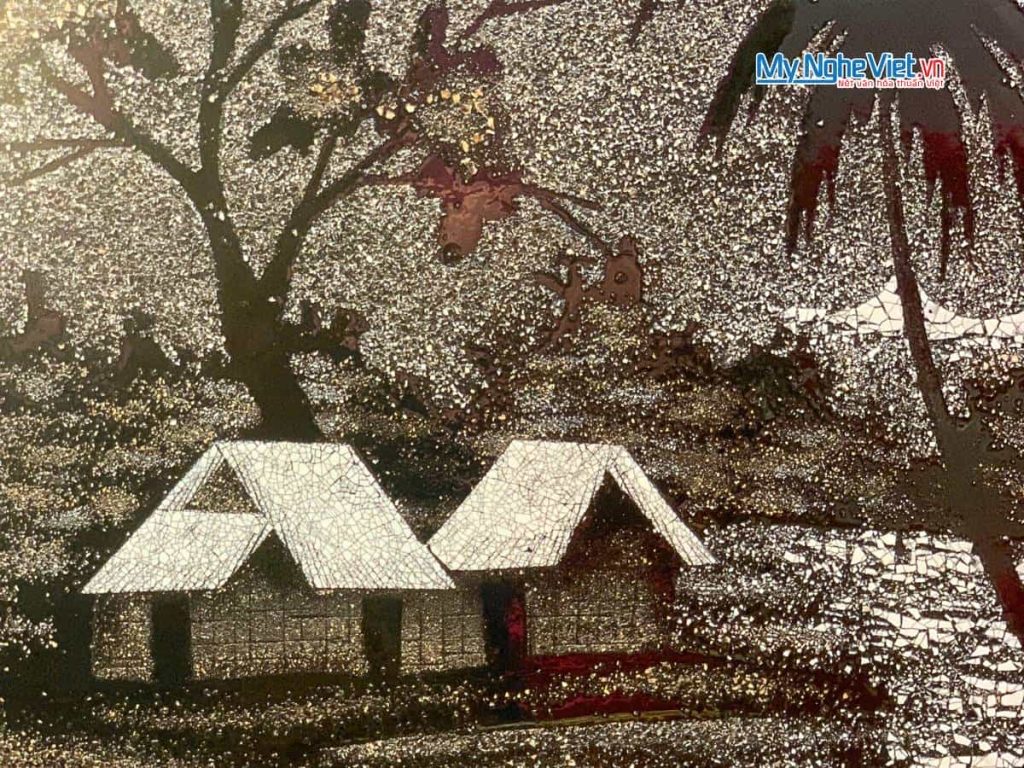 Tranh sơn mài đồng quê cẩn vỏ trứng
