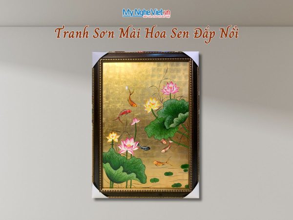 Tranh Sơn Mài Hoa Sen Dát Bạc Đắp Nổi