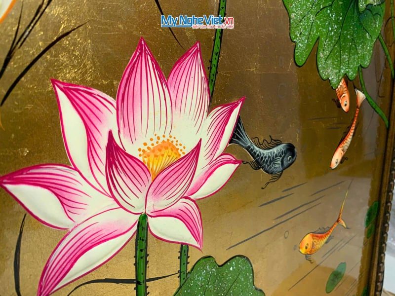 Tranh Sơn Mài Hoa Sen Dát Bạc Đắp Nổi