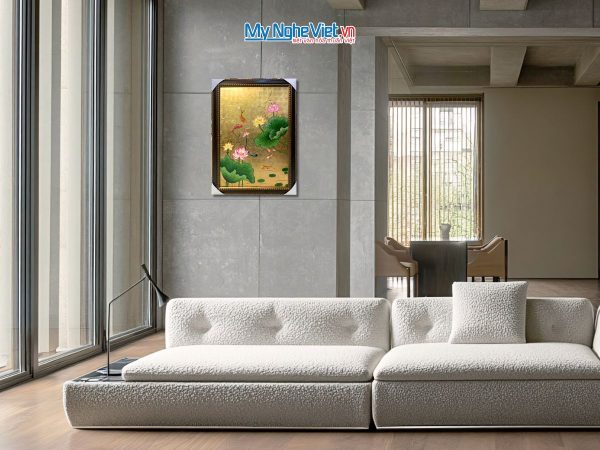 Tranh Sơn Mài Hoa Sen Dát Bạc Đắp Nổi