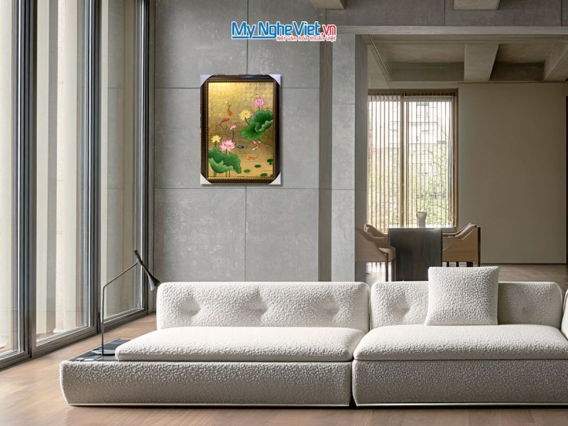 Tranh Sơn Mài Hoa Sen Dát Bạc Đắp Nổi