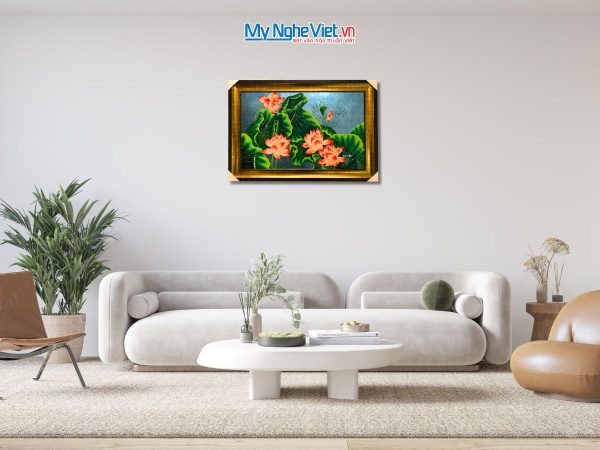 Tranh sơn mài hoa sen độc bản đắp nổi