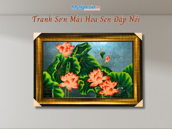 Tranh sơn mài hoa sen độc bản đắp nổi