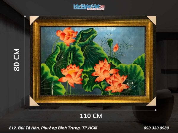 Tranh sơn mài hoa sen độc bản đắp nổi TSMDH8111
