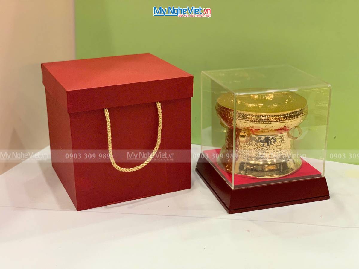 Trống đồng lưu niệm gò mạ vàng 24K