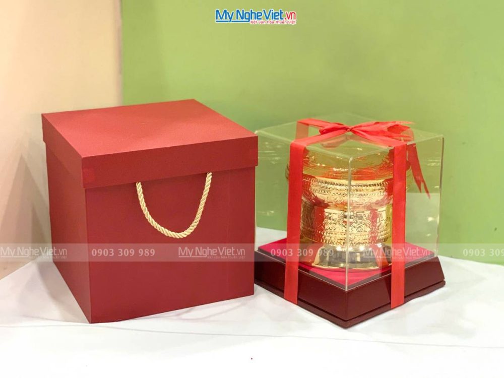 Trống đồng lưu niệm gò mạ vàng 24K