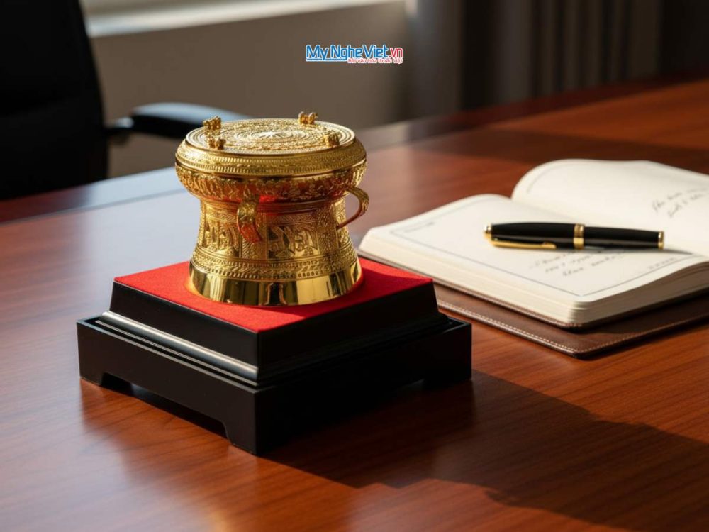 Trống đồng mạ vàng 24K D15cm - Đúc mạ vàng DD28-15D