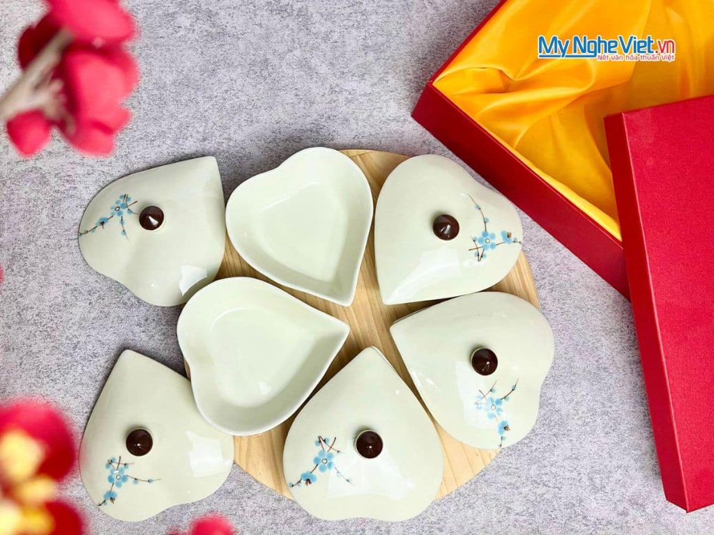 Bộ khay mứt gốm 5 ngăn hình tym vẽ hoa đào xanh