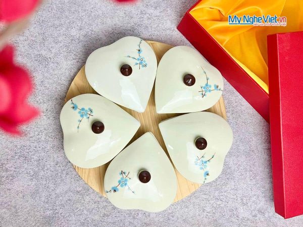 Bộ khay mứt gốm 5 ngăn hình tym vẽ hoa đào xanh
