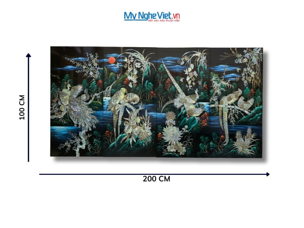 Tranh bộ sơn mài công gà chim két cẩn ốc