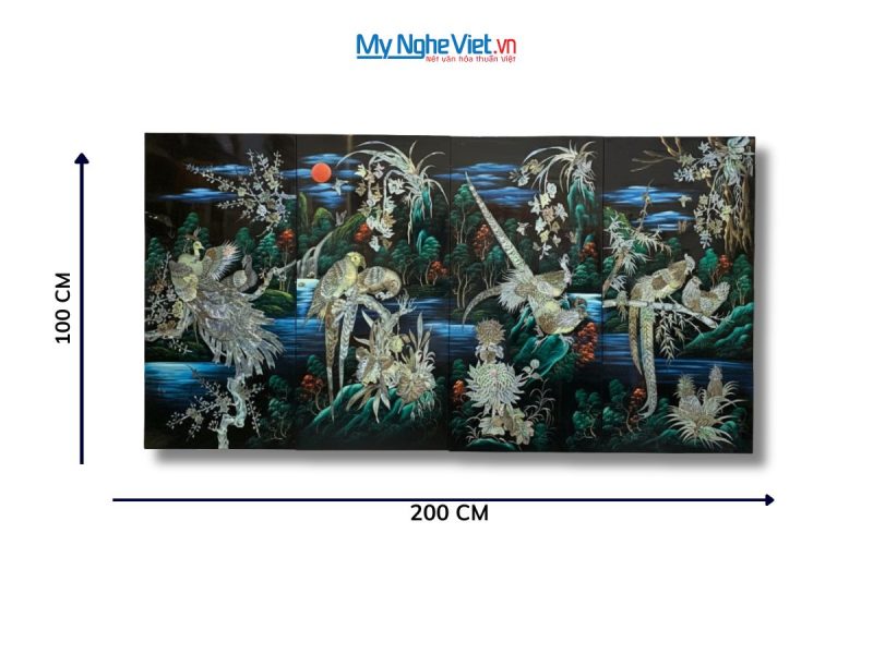 Tranh bộ sơn mài công gà chim két cẩn ốc