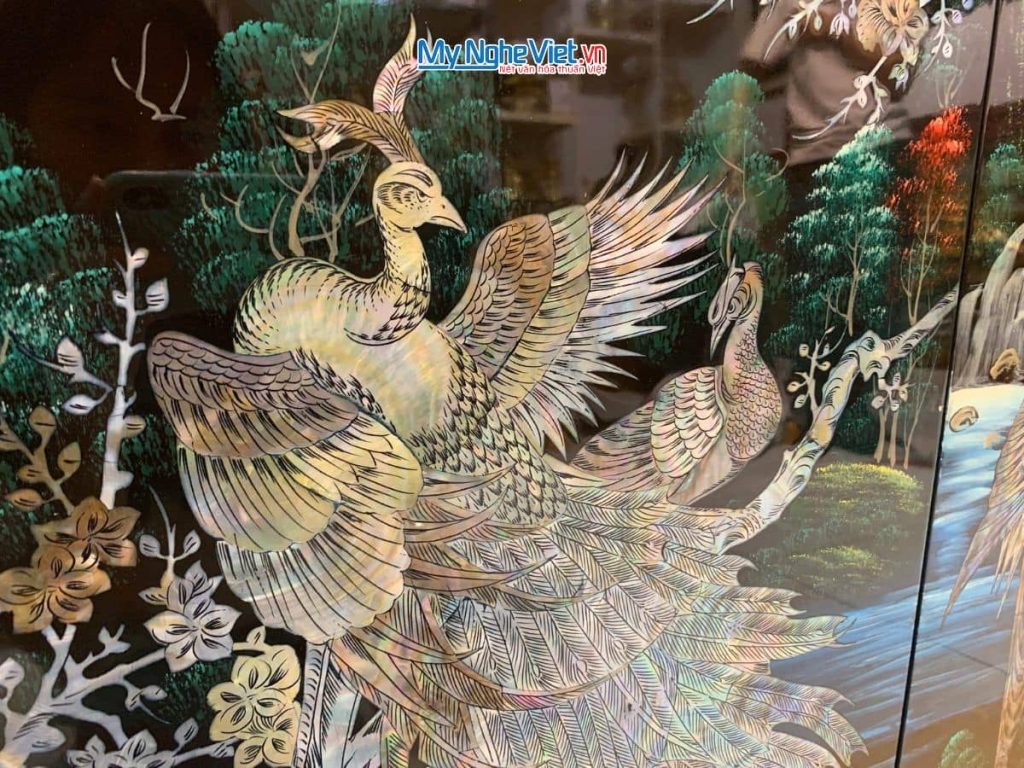 Tranh bộ sơn mài công gà chim két cẩn ốc