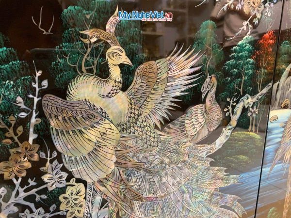 Tranh bộ sơn mài công gà chim két cẩn ốc