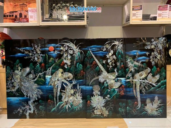 Tranh bộ sơn mài công gà chim két cẩn ốc