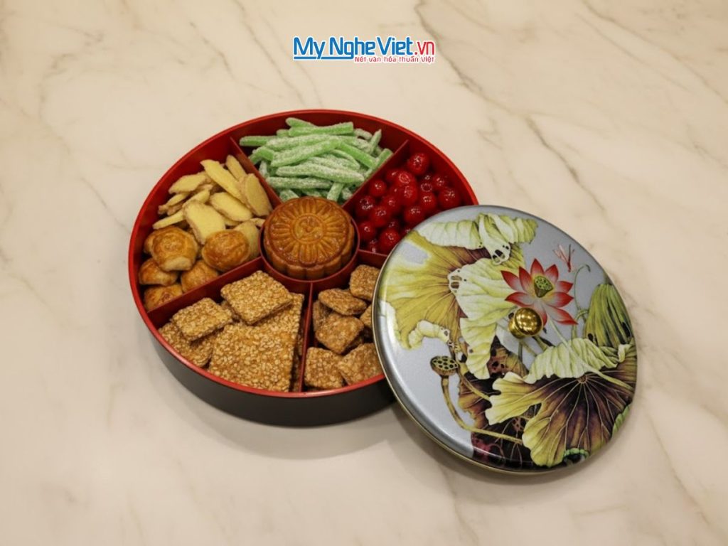 Hộp Mứt Tết Sơn Mài 5 Ngăn Sen Chim Lá Vàng Ruột Đỏ