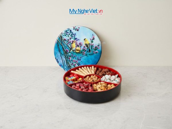 Hộp Mứt Tết Sơn Mài 5 Ngăn Chim Sơn Ca Hoa Đào Tím