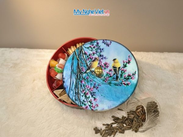 Hộp Mứt Tết Sơn Mài 5 Ngăn Chim Sơn Ca Hoa Đào Tím