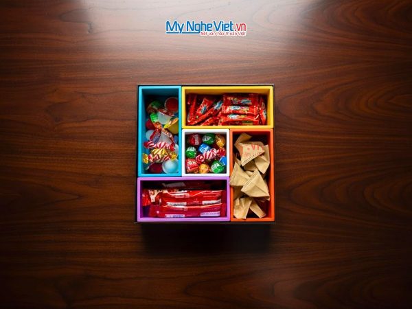 Hộp Mứt Tết Sơn Mài 5 Ngăn Sắc Màu Vẽ Sen Cẩn Trứng Màu Xanh Lá