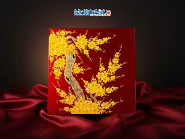 Hộp Mứt Tết Sơn Mài Mai Vàng Nền Đỏ Đô