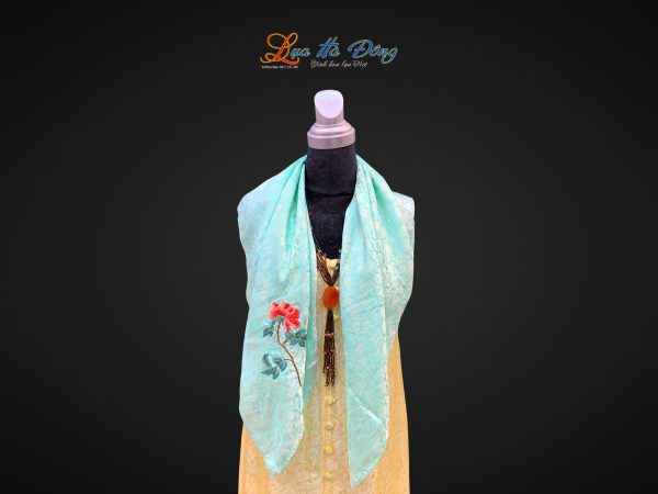 Khăn lụa thêu tay hồng thọ nhí xanh mint